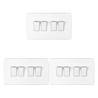 3 PACK Gang Quad Light Switch SCREWLESS MATT WHITE Way 10A Slim Rocker