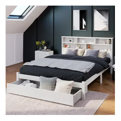 (4FT x cm) Bed with Shelves, White Wooden Storage Bed, Underbed Drawerï¼Frame Only ï¼