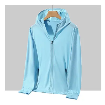 (Sky blue, S) Plus Size Summer Coat Men Hooded Quick-Drying Upf Breathable Windbreaker Summer Su