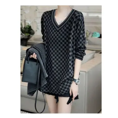 (black, M) Women Spring Autumn Korean Loose Large Size Printing V-neck Long Sleeve T-Shirt Ladie