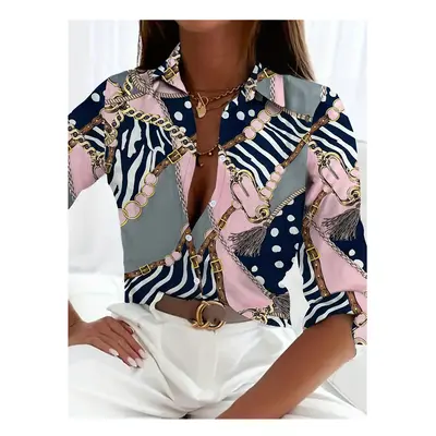 (B25SLTH24991351, XL) Fashion Luxury Women's Shirt Chain Printed Women's Blouse Spring Long Slee