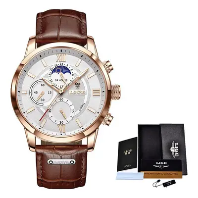 (gold white) New Mens Watches Top Brand Luxury Brown Leather Casual Quartz Watch