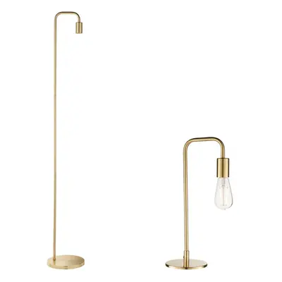 Standing Floor & Table Lamp Set Brushed Brass Industrial Curved Arm Slim Light