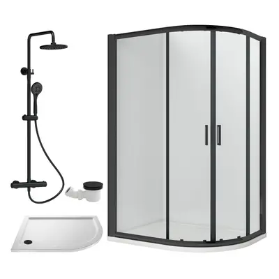 Ruwa Shower Enclosure Bundle - Offset Right Quadrant, Tray, Round Shower & Waste - White/Black -