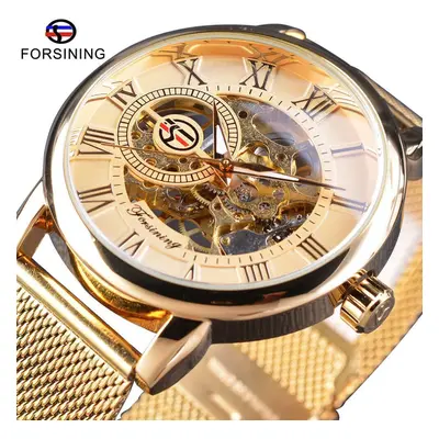 (golden) Forsining Retro Fashion Design Skeleton Sport Mechanical Watch Luminous Hands Transpare