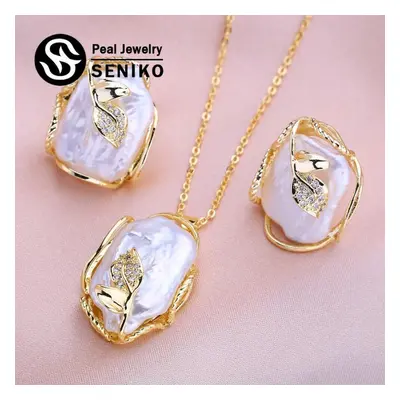 (A) Seniko Fashion Leaf Baroque Pearl Necklace Earings Freshwater Pearl Jewelry Sets For Women F