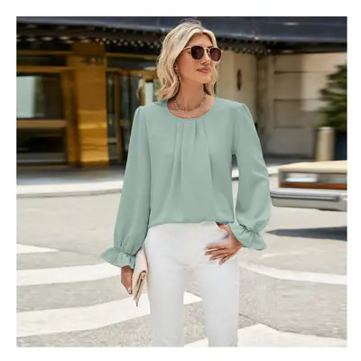 (M, bean green) New Solid Color Round Neck Long Sleeved Loose Chiffon Top for Women