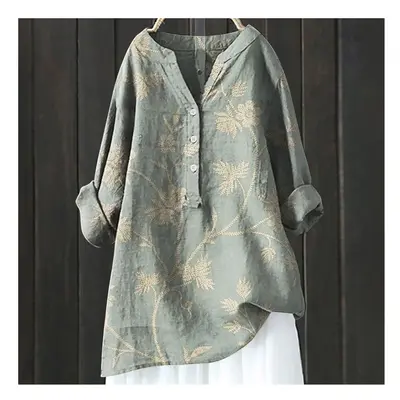 (HCY10, XL) Women's Autumn Winter New Fashion Printed Button Up Shirt Long Sleeved Bamboo Linen 