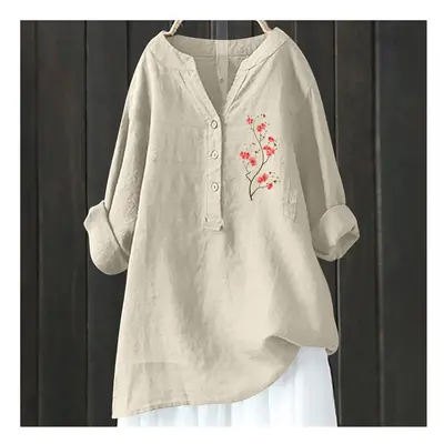 (HCY16, XL) Women's Autumn Winter New Fashion Printed Button Up Shirt Long Sleeved Bamboo Linen 