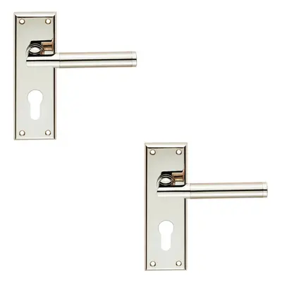 2x Round Bar Section Lever on Euro Lock Backplate x 50mm Dual Nickel