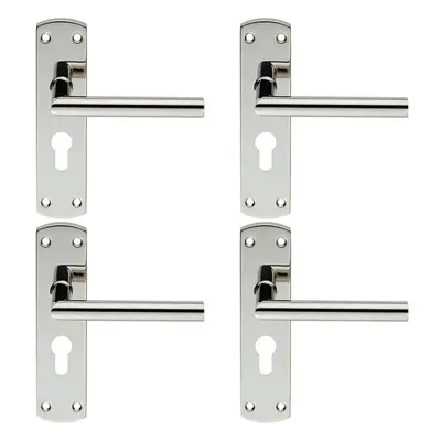 4x Mitred Lever Door Handle on Euro Lock Backplate x 44mm Polished Steel