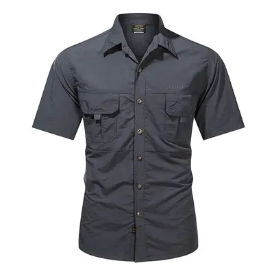 (Grey, Asian-XXXL) Men Summer Outdoor Cargo Short Sleeve Shirt US SWAT Tactical Lightweight Quic