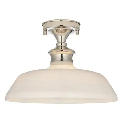 Semi Flush Ceiling Light Fitting - Bright Nickel Plate & Gloss Opal Glass Shade