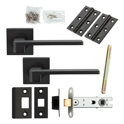 Door Handle & Latch Pack Matt Black Straight Flat lever Screwless Square Rose