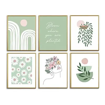 Sage Green Wall Prints Aesthetic Posters,Cute Room Decor for Teen Girls,Botanical Plant Daisy Pi