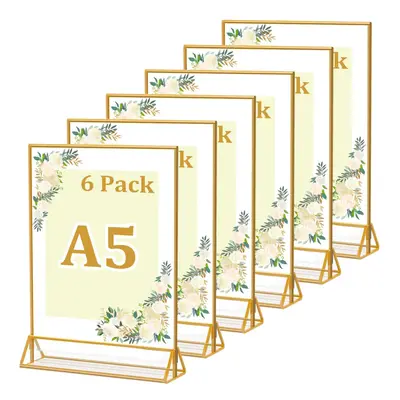 6 Pack A5 Acrylic Sign Holder with Gold Border, A5 Display Stand for Table Menu, A5 Gold Menu Ho