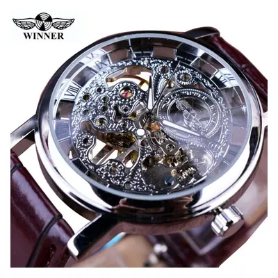 (ivory) Winner Transparent Golden Case Luxury Casual Design Brown Leather Strap Mens Watches Top