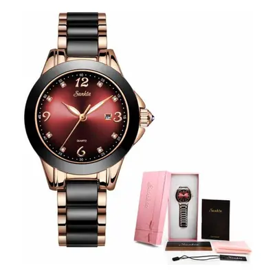 (Gold Red) SUNKTA Fashion Women Watches Rose Gold Ladies Bracelet Watches 2019New Creative Water