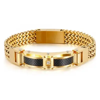 (gold,black, 21cm) Luxury Gold Plated Bracelet For Men 12mm Wide Stainless Steel Square Franco L