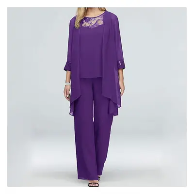 (purple, XXL) Mother Of The Bride Pant Suits 3pcs Women Wedding Formal Outfit Set Chiffon Evenin