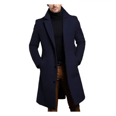 (dark blue, XL) Men Solid Color Woolen Coat Autumn Winter Mid-length Windbreaker With Pockets La