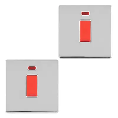 2 PACK Gang Single 45A DP Cooker Switch Neon SCREWLESS POLISHED CHROME Rocker