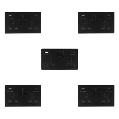 5 PACK Gang Double 13A UK Plug Socket & 2x 3.1A USB-C & A SCREWLESS MATT BLACK