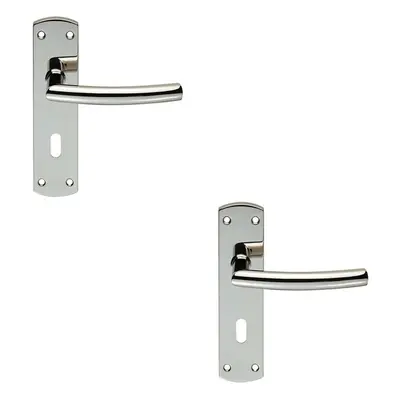 2x Curved Bar Lever Door Handle on Lock Backplate x 44mm Polished Steel