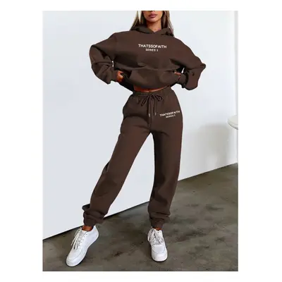 (Dark brown, XL) Women's Letter Print Hoodie and Jogger Set Stylish Casual Fleece Loungewear Out