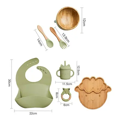 (7pcs Green set-03) Wooden Dinner Plate Feeding Supplies Bamboo Baby Tableware Silicone Suction 