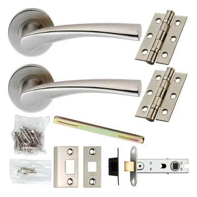 Door Handle & Latch Pack Satin Steel Twisted Arched Lever Screwless Round Rose