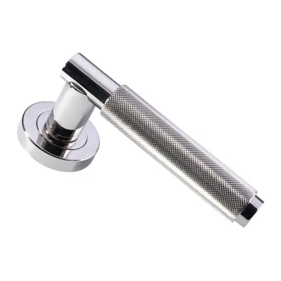 PAIR Knurled Grip Round Bar Lever on Round Rose Concealed Fix Polished Nickel