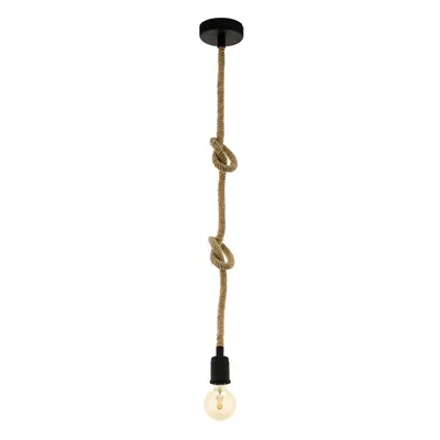 Hanging Ceiling Pendant Light Black & Rope 1x E27 Rustic Hallway Feature Lamp