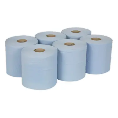 6 PACK 150m Blue 2-Ply Embossed Paper Roll - 190mm Wide - Perforated Paper Wipes