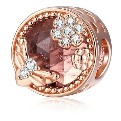 Honey Bee & Flower Charm Bead Rose Gold With Cubic Zirconia Genuine Sterling Silver Compatible W