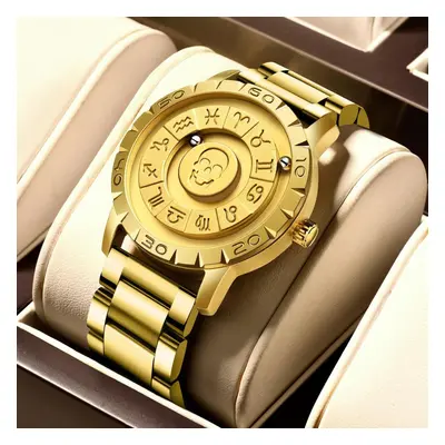 (gold, Steel strap) Lige Brand Foxbox New Personalized Original Men Quartz Watch Skull Dial Magn