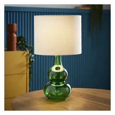 ValueLights Aida Natural Linen Shade Green Bubble Glass Table Lamp