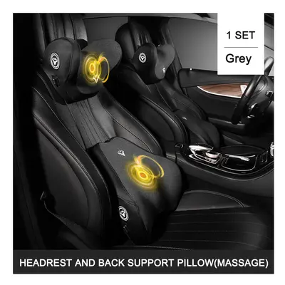 (Grey-Set-Massage) Car Massage Headrest Pillow Set USB Charging Auto Seat Back Support Relieve