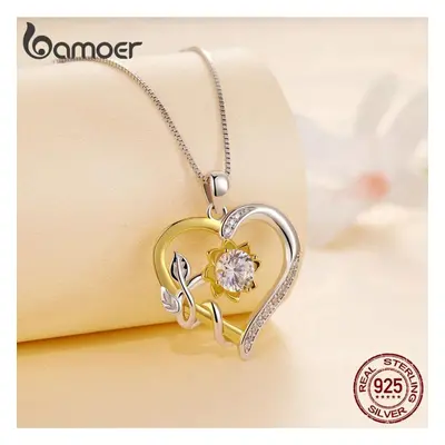 (925 silver) Bamoer Carat Real Moissanite Heart Shape Flower Pendant Necklace For Women Birthday