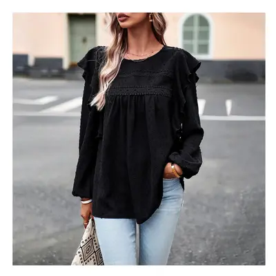 (black, L) Women's Spring Summer T-shirt Lady's Solid Color Jacquard Chiffon Shirt Female Flounc