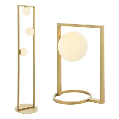 Brushed Gold Geometric Light Set - Floor & Table Lamp Bundle - Opal Glass Shades