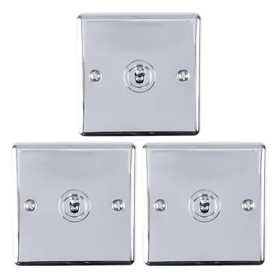 3 PACK Gang Single Retro Toggle Light Switch POLISHED CHROME 10A Way Plate