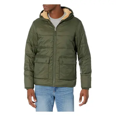 Amazon Essentials Mens Long-Sleeve Water-Resistant Sherpa-Lined Puffer Jacket, Dark Olive, X-Sma