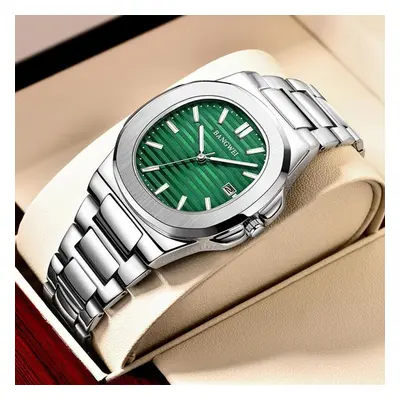 (silver,green) Lige New Men Watch Fashion Casual Square Stainless Steel Quartz Watch Sport Water