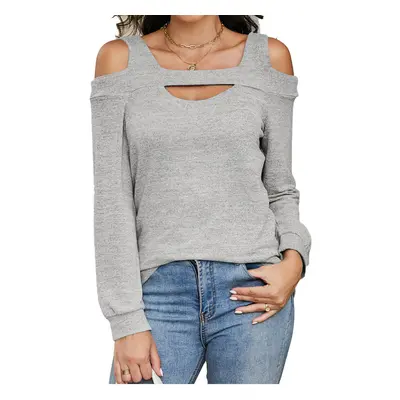 (S, light grey) New Off-shoulder Hollow Round Neck Solid Color Long-sleeved Loose Top T-shirt fo