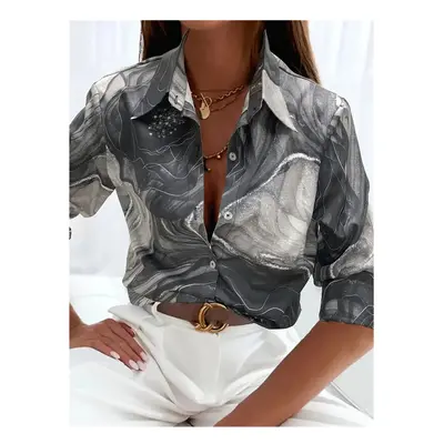 (B25SLTH2461415058, XXXL) Boutique Pattern Printed Button Long Sleeve Women's Shirt Vintage Eleg