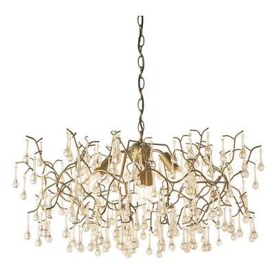 Aged Gold Branch Ceiling Chandelier - Glass Droplets - Decorative Light Fitting