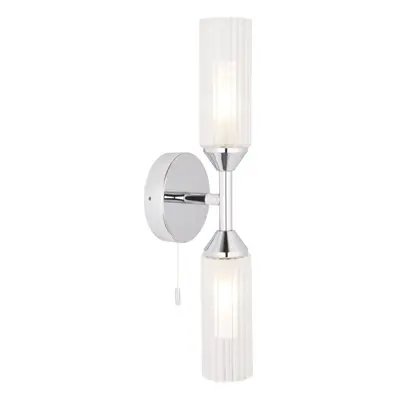 Chrome Plated Twin Bathroom Wall Light - Ribbed Glass Shade & Frosted Diffuser