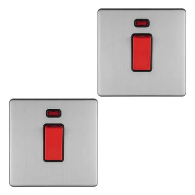 2 PACK Gang Single 45A DP Cooker Switch & Neon SCREWLESS SATIN STEEL Rocker