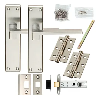 Door Handle & Latch Pack Satin Chrome Flat Straight Lever Square Backplate